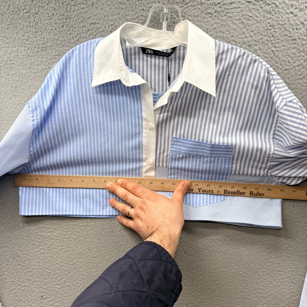 NWT Zara Blue Striped Patchwork Cropped Long Sleeve Button Up Top Shirt Size S - Picture 4 of 12